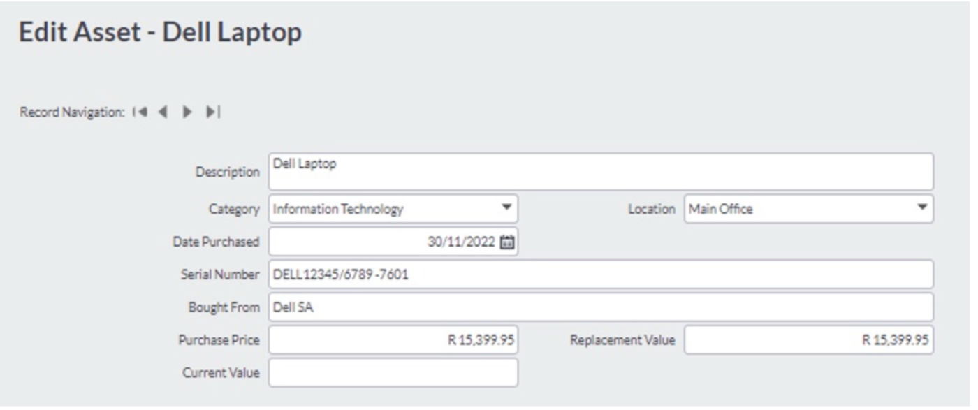 Sage Accounting Edit Asset screen for a Dell Laptop