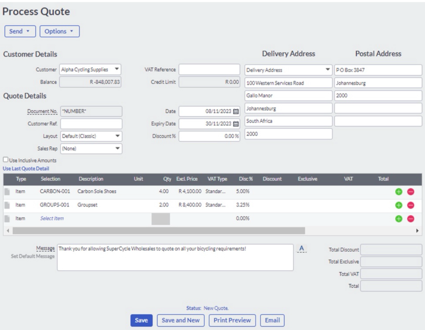 Sage Accounting Process Quote screen with two discounted item lines